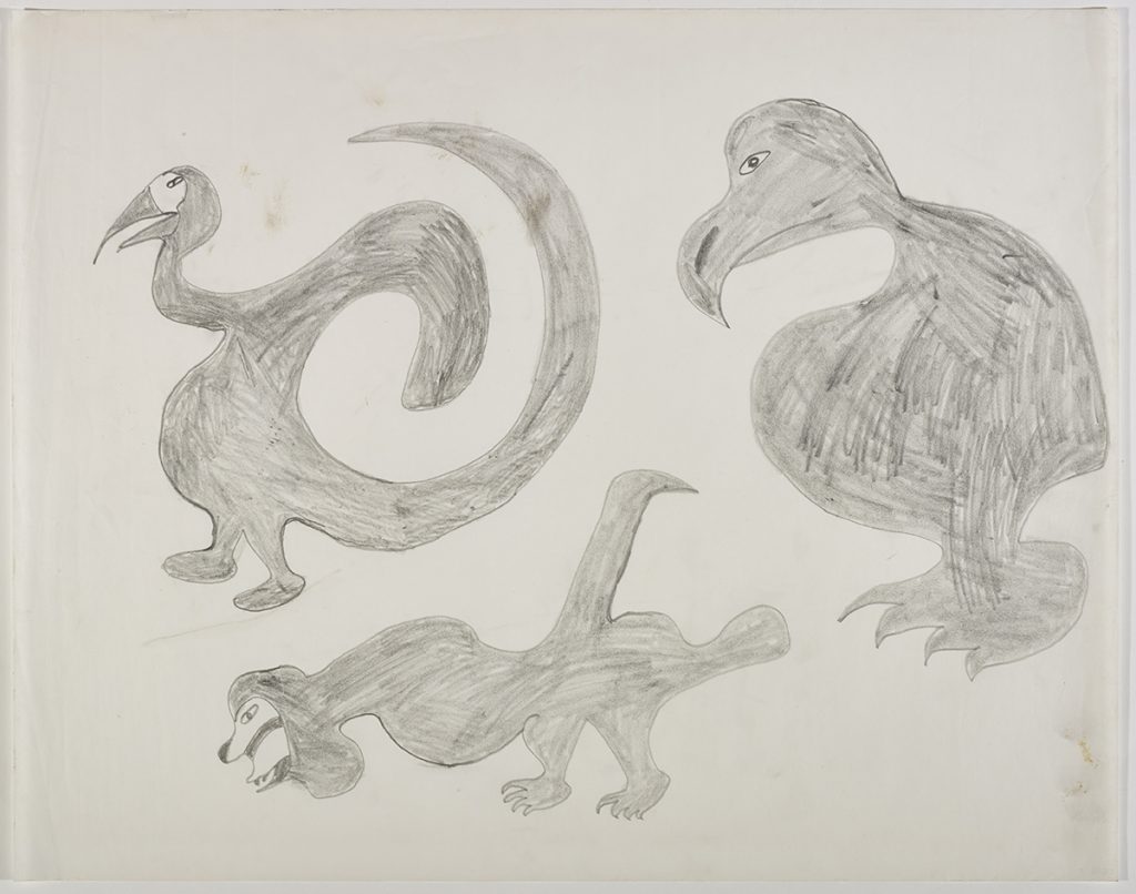 Scene depicting three imaginary bird-like creatures of very different shapes and sizes facing the right side of the page. Figures presented in a two-dimensional style and using grey.