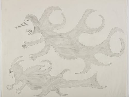 Scene depicting two large imaginary sea creatures with human faces and multiple curly forms coming off their backs and lower body. Figures presented in a two-dimensional style and using grey.