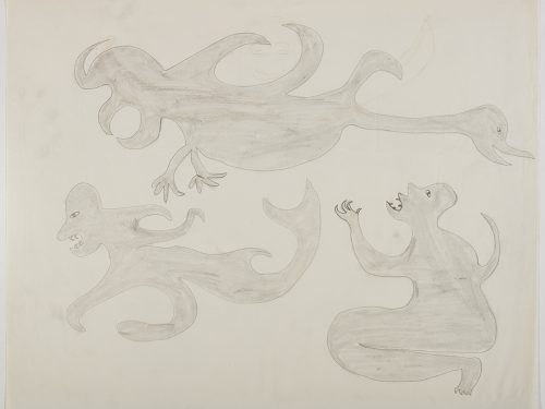 Scene depicting two human-like creatures with multiple arms with strange bodies below a large bird with several large curly forms all over its body. Figures presented in a two-dimensional style and using grey.