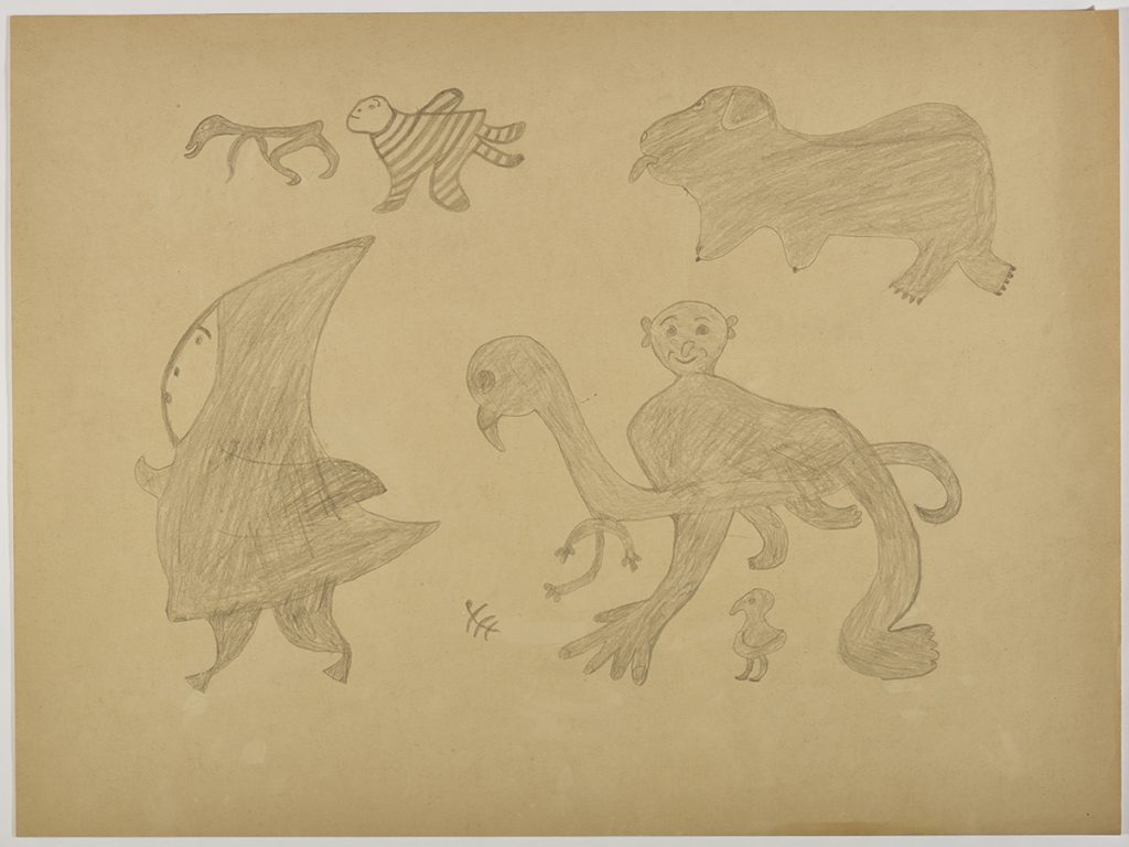Scene depicting three dog-like creatures of different shapes and sizes above a stylized human figure with short arms walking away from a human-bird hybrid creature with multiple arms. Figures presented in a two-dimensional style and using grey.