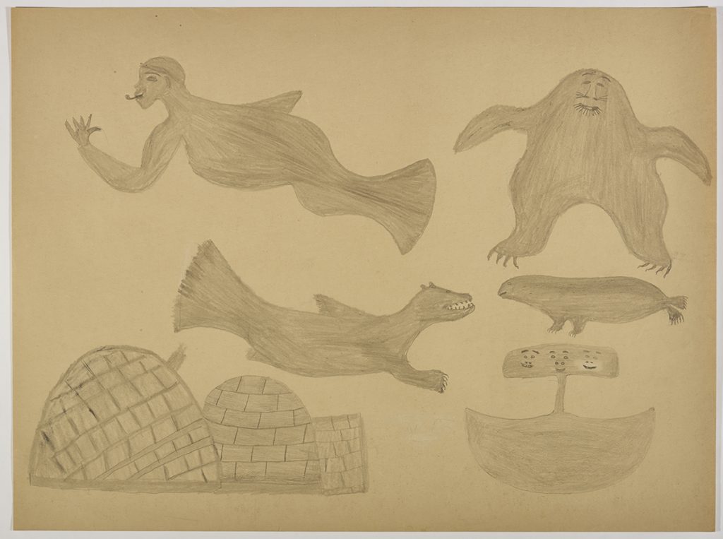 Scene depicting a mermaid nest to a polar bear-like creature in the top right corner just above two seal-like creatures facing each other and an igloo beside and ulu with three faces on the handle on the bottom of the page. presented in a two-dimensional style and using grey.