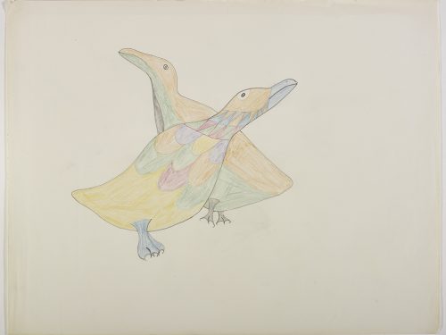 Scene depicting two birds standing very close to each other and looking in opposite directions. One of the birds has a colurful geometric feather pattern while the other one has three long stripes running down its entire body. Presented in a two-dimensional style and using yellow