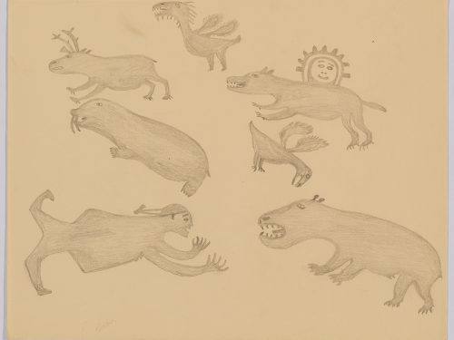 Scene depicting a group of six stylized animals including two birds