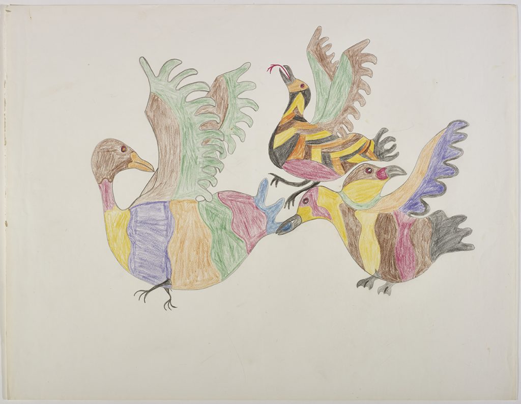 Imaginary scene depicting three birds: one of them has two heads and all of them have multiple colourful stripes and out stretched wings. Figures presented in a two-dimensional style and using brown