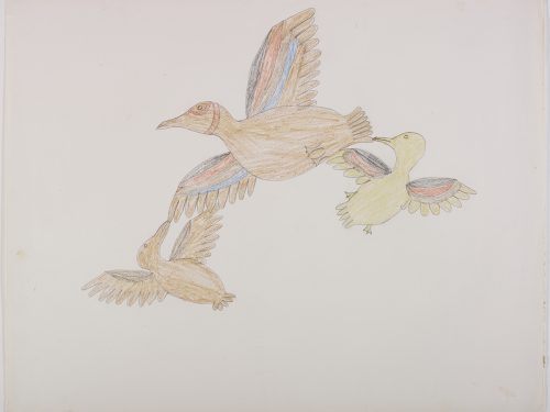 A large flaying bird with many colourful stripes on its wings with two smaller similar birds flying just below. Figures presented in a two-dimensional style and using orange
