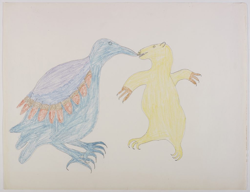Scene depicting a stylized bird with large wing feather facing a polar bear standing on its hind legs. Figures presented in a two-dimensional style and using blue