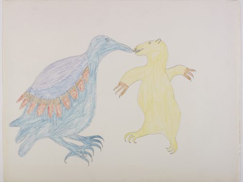 Scene depicting a stylized bird with large wing feather facing a polar bear standing on its hind legs. Figures presented in a two-dimensional style and using blue