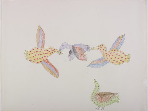 Scene depicting a flying bird being attacked on both sides by two very similar spotted birds nearby and a fouth on the ground looking up at the others. Scene presented in a two-dimensional style and using yellow