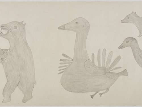 Imaginary design depicting twostylized polar bears standing very close together on the left side and a large bird with large wing feathers next to a smaller bird and a mean looking dog on the right side of the page. Figures presented in a two-dimensional style and using grey.